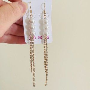 Gold and Rhinestone Dangling Earrings with Trio of Faux Pearls New by Jin Na La